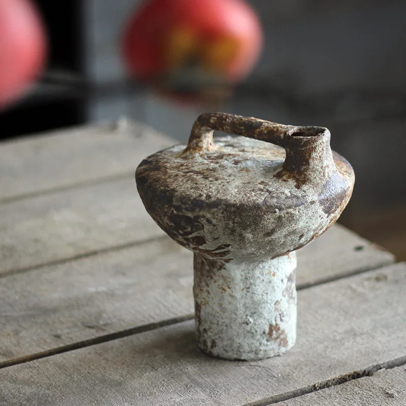 Jingdezhen-ceramic vase, rough pottery, flower arrangement, vintage handmade, wabi-sabi style, dried flowers, Zen arrangement