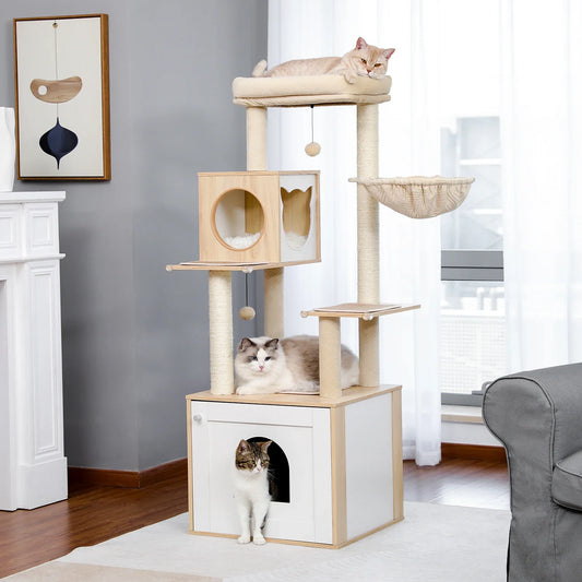 Cat Tree with Litter Box Enclosure Large Wood Cat Tower with Storage Cabinet and Cozy Cat Condo Sisal Covered Scratching Post