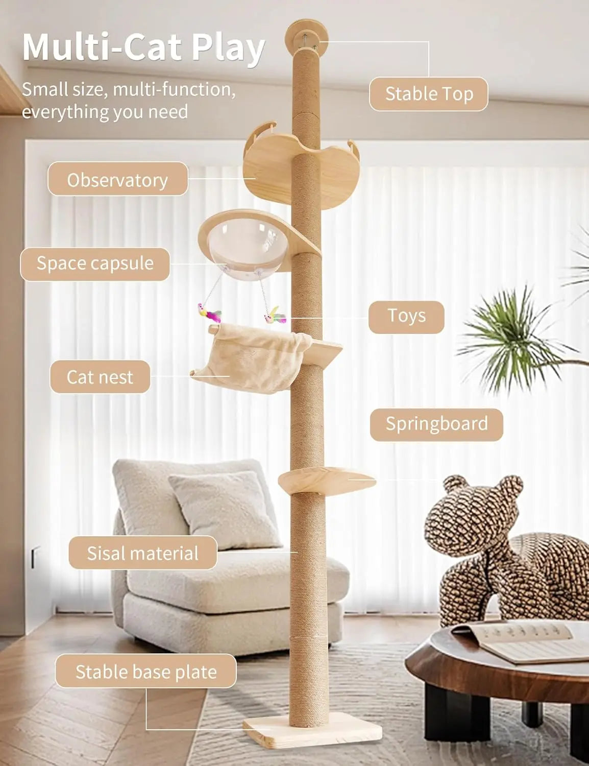 Cat Tree Floor to Ceiling Natural Sisal Rope Scratching Post Height:55.52-118.5 Inches Adjustable Cat Tree Cat Modern Activity T