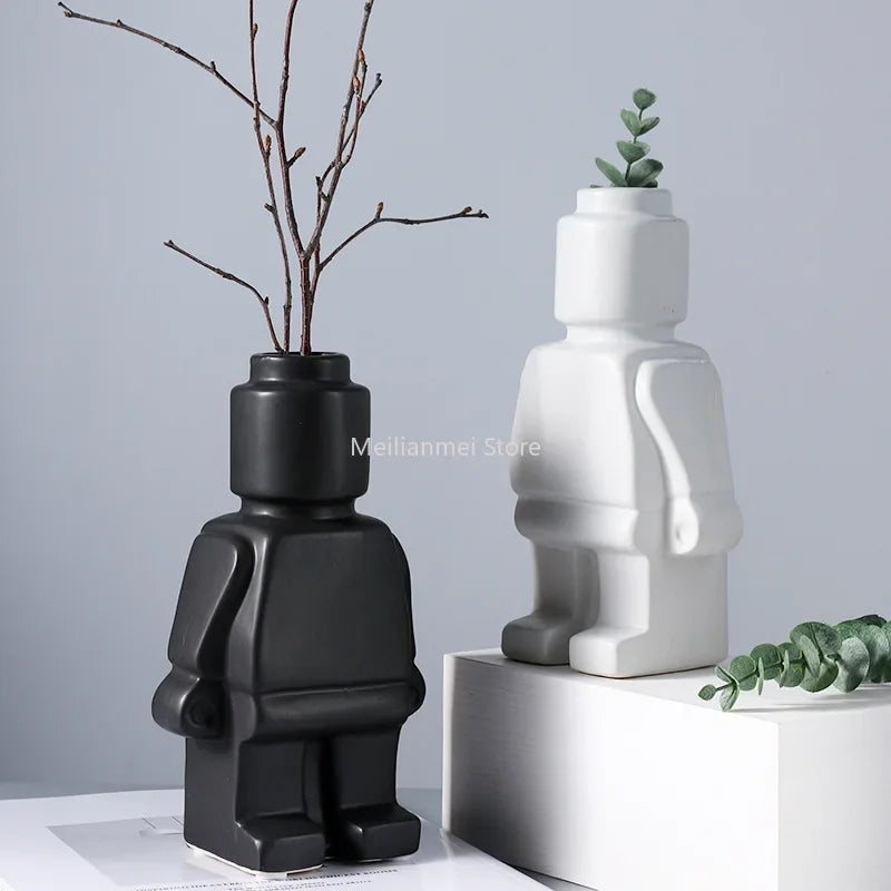 Nordic style ceramic robot vase indoor flower pot modern home interior decoration white goods decoration office desk decoration