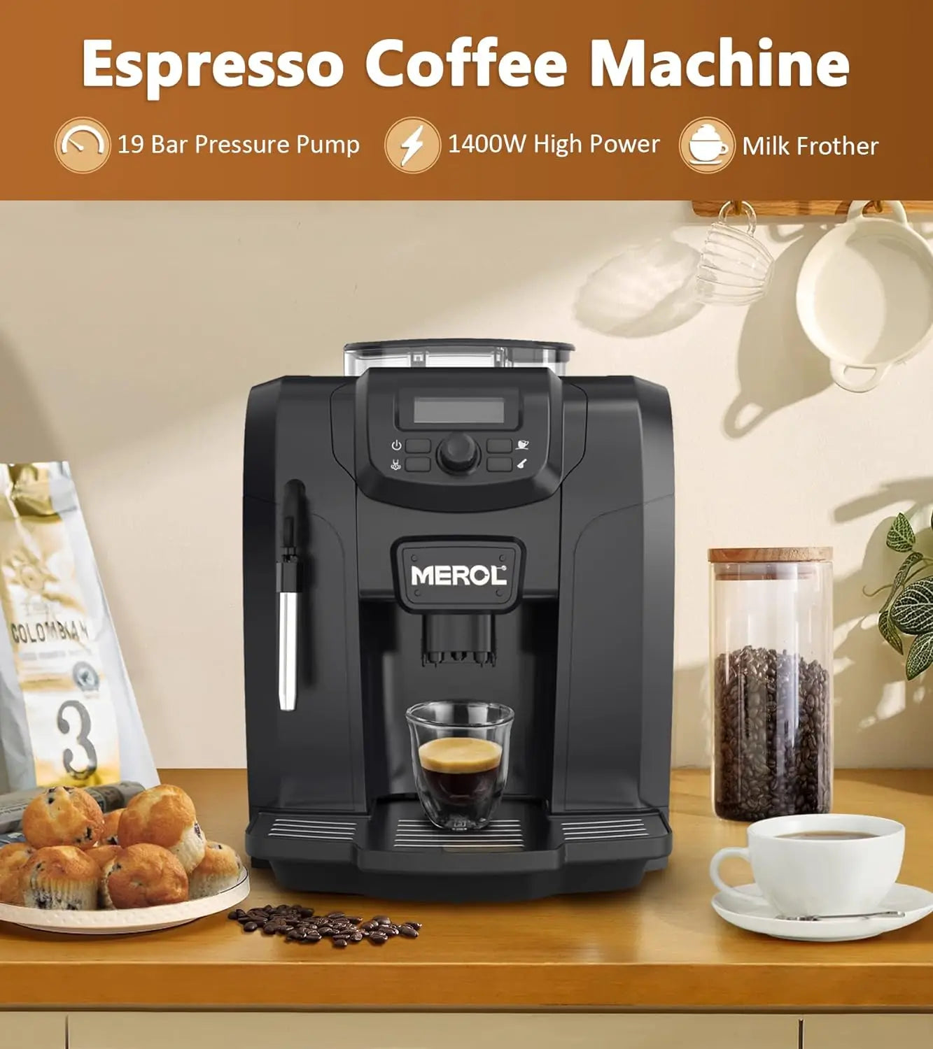 Automatic Espresso Coffee Machine, 19 Bar Barista Pump Coffee Maker with Grinder and Manual Milk Frother Steam Wand for Ca