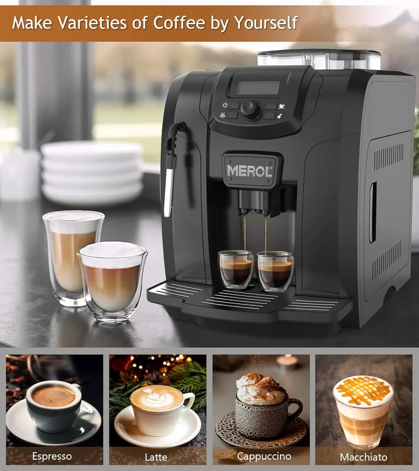 Automatic Espresso Coffee Machine, 19 Bar Barista Pump Coffee Maker with Grinder and Manual Milk Frother Steam Wand for Ca