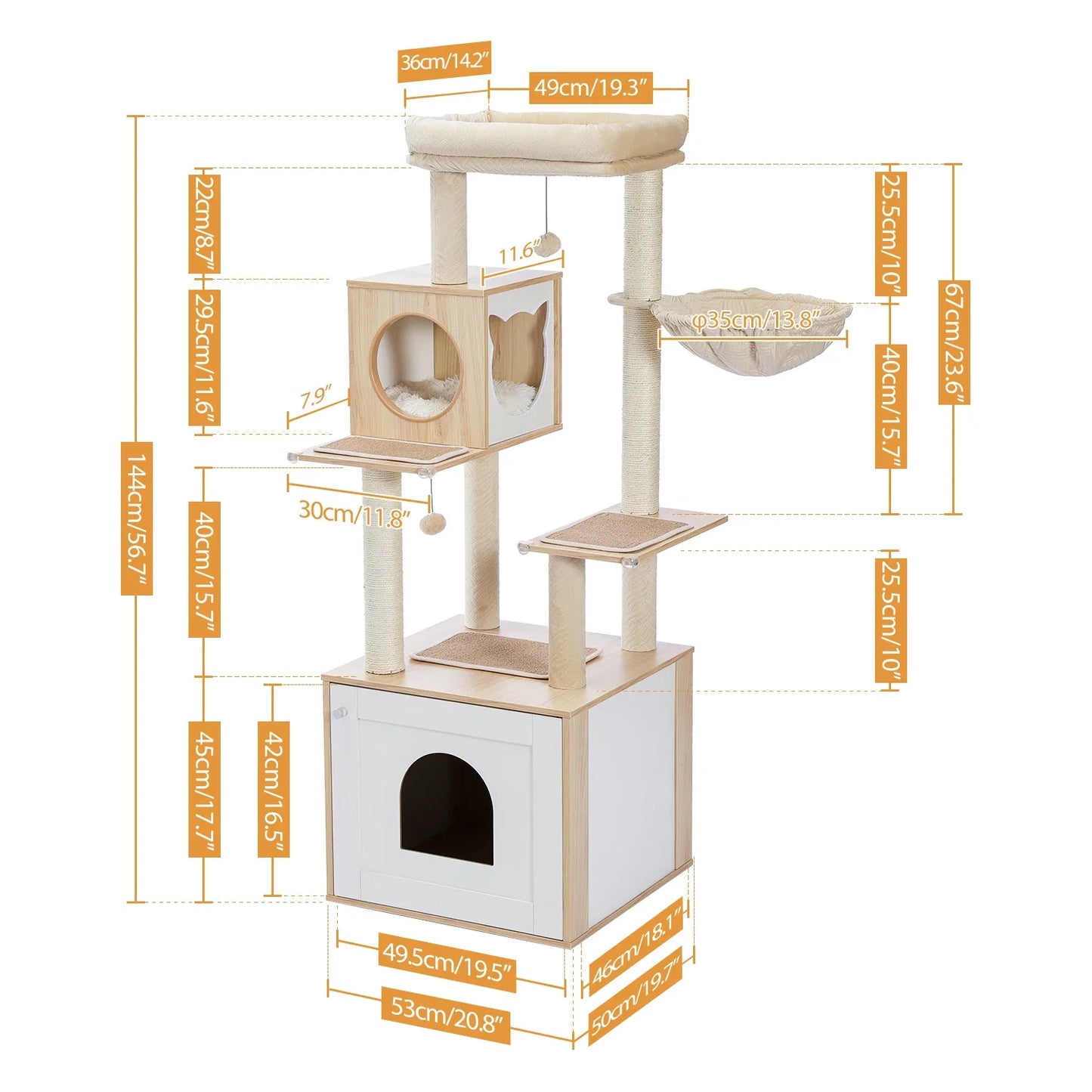 Cat Tree with Litter Box Enclosure Large Wood Cat Tower with Storage Cabinet and Cozy Cat Condo Sisal Covered Scratching Post