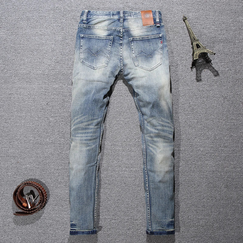 Italian Style Fashion Men Jeans Retro Light Blue Elastic Slim Fit Ripped Jeans Men Buttons Trousers Vintage Designer Denim Pants