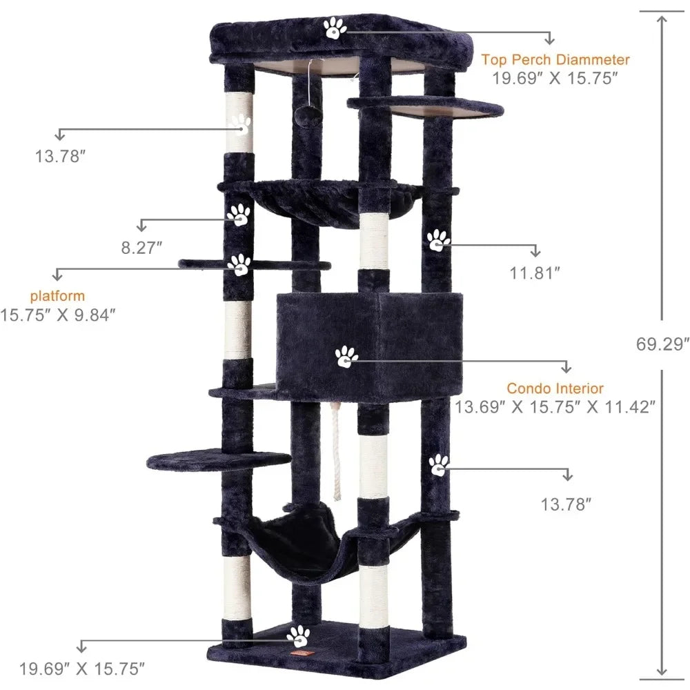 Cat Tree for Large Cats 20 lbs Heavy Duty,69 inches XXL Cat Tower for Indoor Cats,Multi-Level Cat Furniture Condo Plush Perch