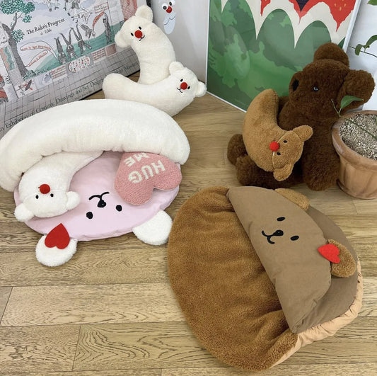 INS Winter Warm Kennel Pet Cat Puppy Dog Bed Thermal Insulation Sleeping Bag Bear Semi-Open Plus Velvet Cushion Dog Accessories