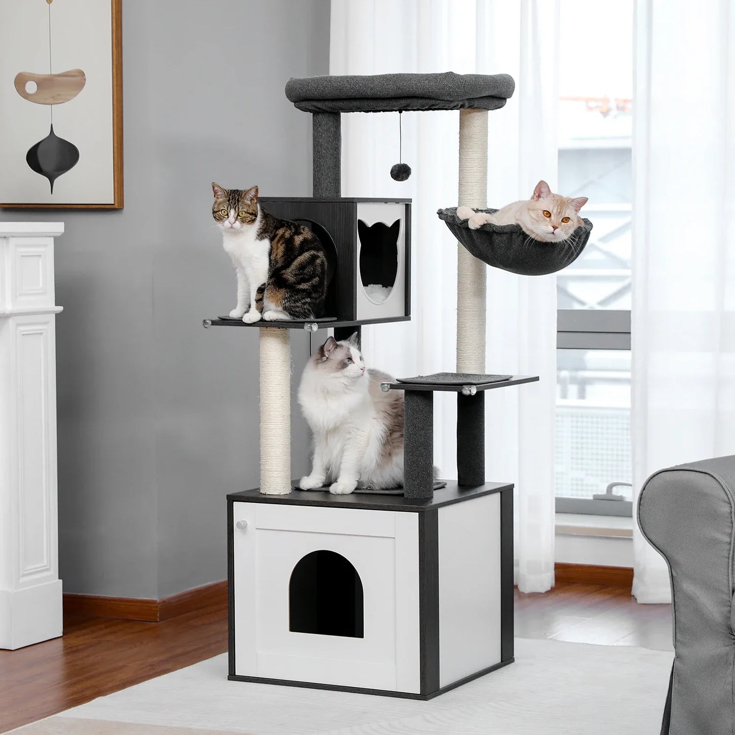 Cat Tree with Litter Box Enclosure Large Wood Cat Tower with Storage Cabinet and Cozy Cat Condo Sisal Covered Scratching Post